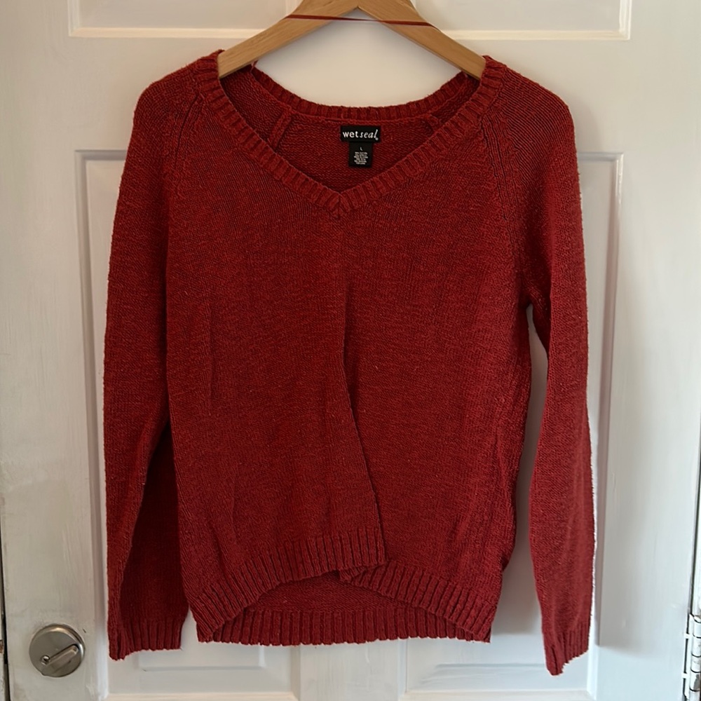 Red seal V-neck sweater